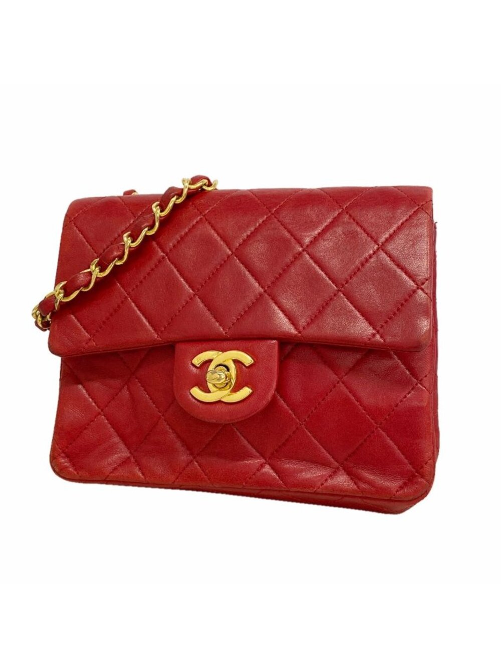 Chanel Shoulder Bag Mini Quilted Lambskin Red Gold